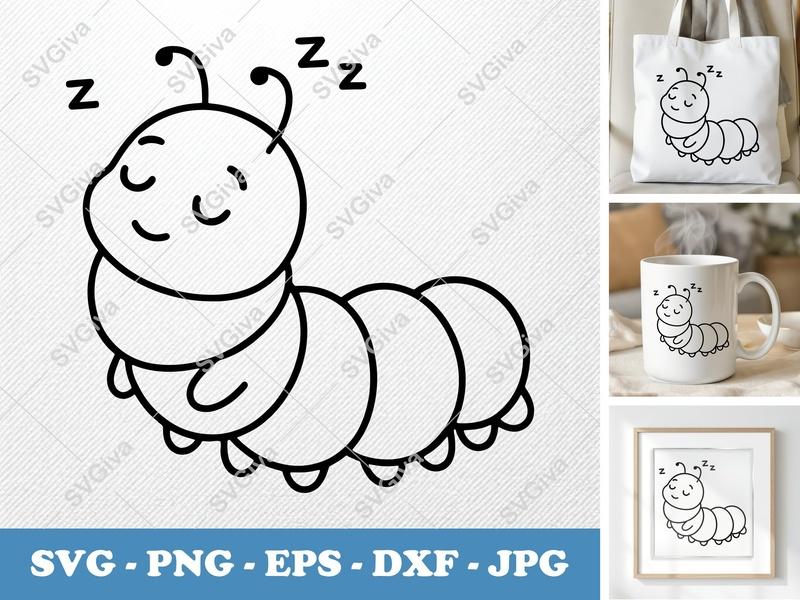 Caterpillar SVG, Sleeping Cute Bug Clipart, Modern Clean Line Art, PNG EPS DXF | Cricut Silhouette File