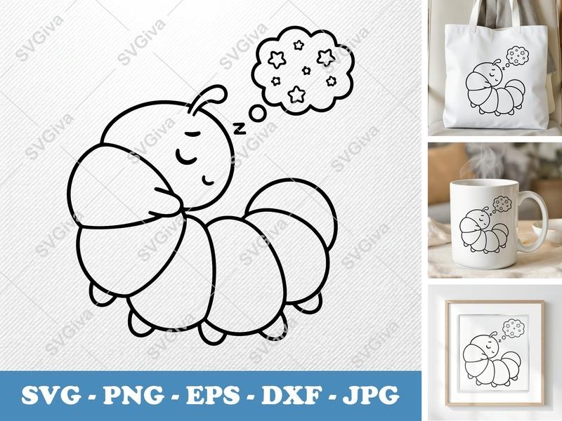 Caterpillar SVG, Sleeping Cute Bug with Dream Bubble, Outline Clip Art PNG EPS DXF for Cricut, Silhouette, Kids Craft