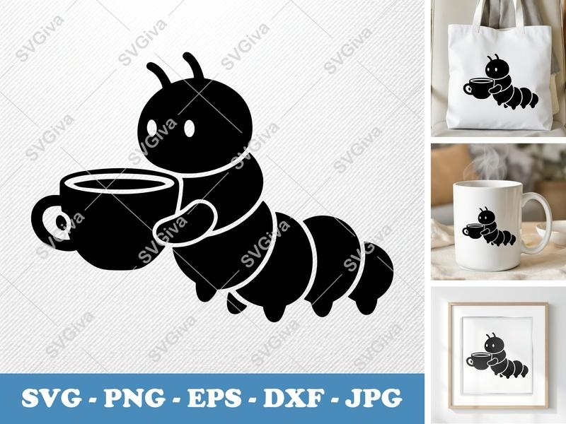 Caterpillar SVG with Coffee Cup | Cute Insect Drinker Design, Modern Clean, PNG EPS DXF for Cricut Silhouette