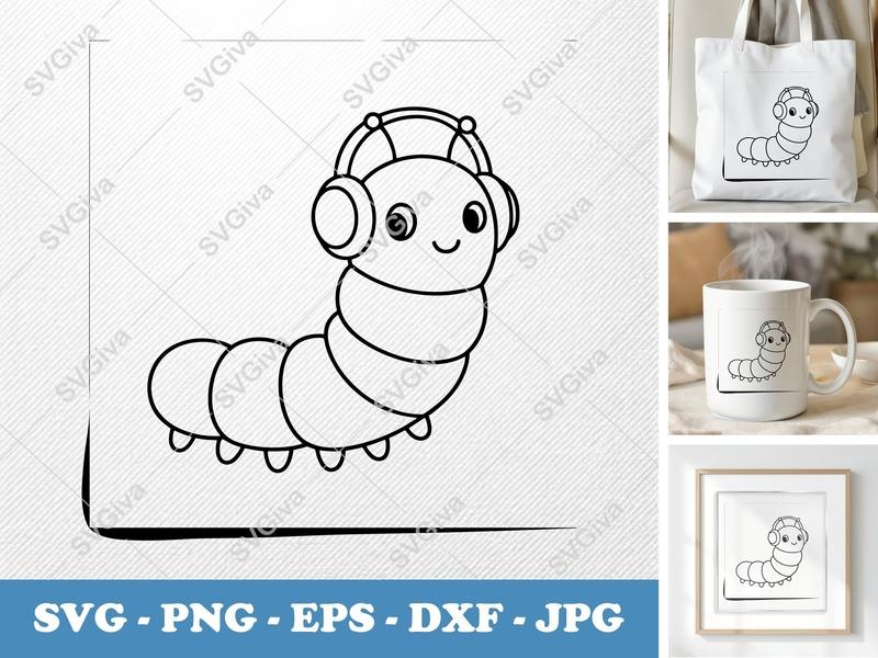 Caterpillar Wearing Headphones SVG | Friendly Bean-Shaped Design | PNG DXF EPS | Cricut Silhouette File