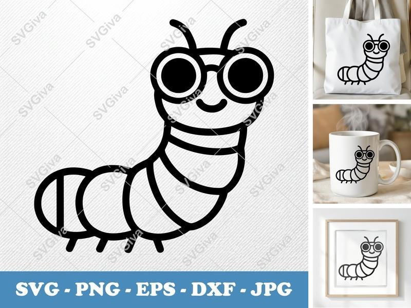 Caterpillar Wearing Sunglasses SVG | Double-Outline Minimalist Cut File | Thick Contour Thin Lines | PNG, DXF, EPS for Cricut, Silhouette