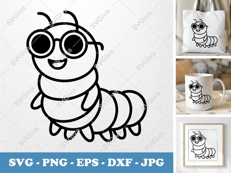 Caterpillar Wearing Sunglasses SVG PNG DXF EPS | Cute Insect Cut File for Cricut Silhouette