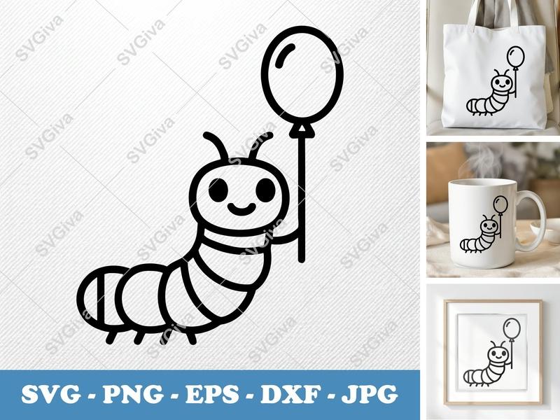 Caterpillar with balloon SVG | Double-Outline Simple Design | PNG DXF EPS | Cricut Silhouette Cut File