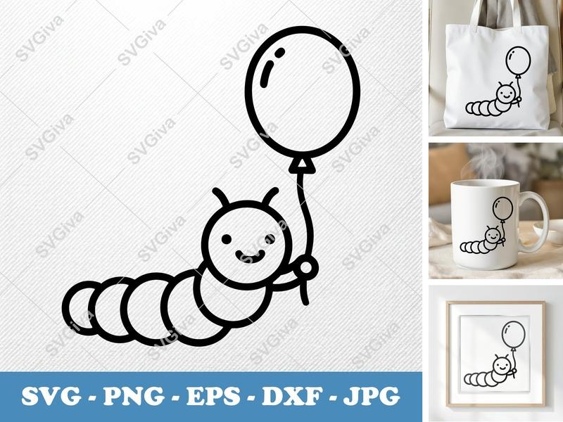 Caterpillar with Balloon SVG | Minimalist Contour Cut File | PNG DXF EPS | Cricut Silhouette Ready