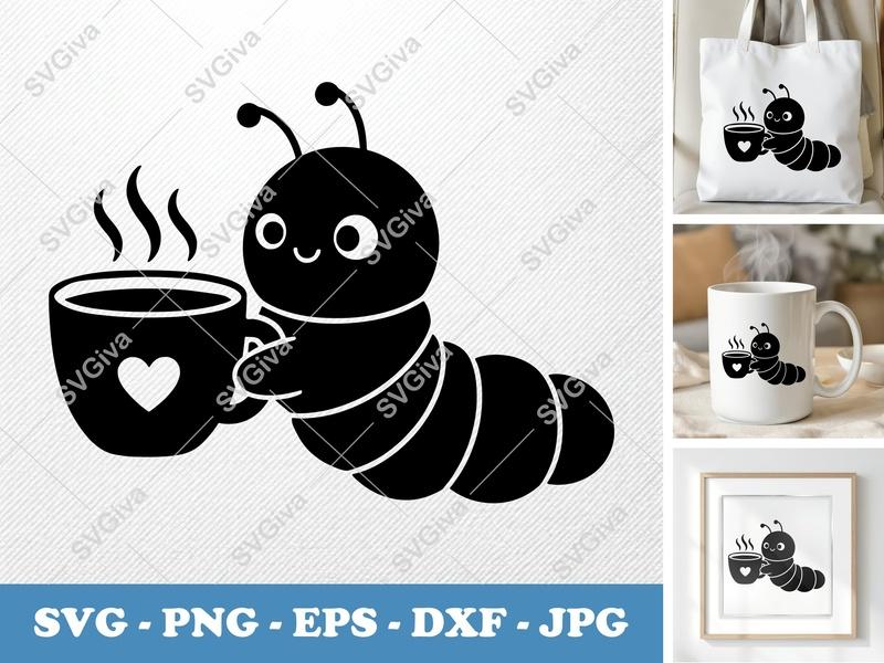 Caterpillar with Coffee Cup SVG | Puffy Soft Shapes | SVG PNG DXF EPS | Cricut Silhouette File
