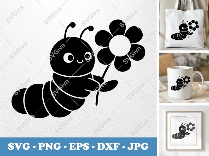Caterpillar with Flower SVG | Puffy Soft Shapes | Inflated Pillow-Soft Design | PNG DXF EPS | Cricut Silhouette Cut File