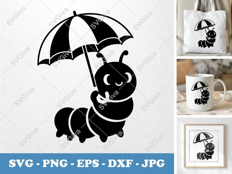 Caterpillar with Umbrella SVG PNG DXF EPS | Cute Insect Cut File Cricut Silhouette
