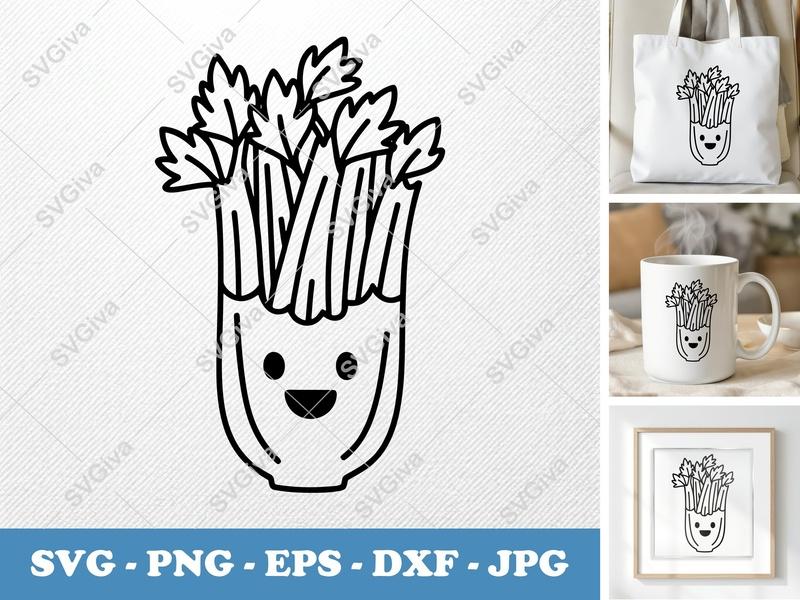 Celery Kawaii SVG, Cute Vegetable PNG, Outline EPS, DXF Cut File for Cricut or Silhouette, Happy Food Clipart