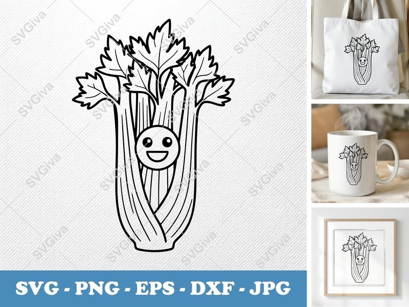 Celery Kawaii SVG, Funny Vegetable PNG, Happy Food EPS, Outline DXF | Cricut Silhouette Cut File, Modern Clean Design