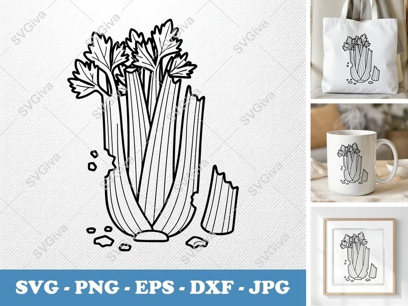 Celery Partially Eaten SVG | Double-Outline Minimalist Cut File | Thick Contour, Thin Lines | SVG PNG DXF EPS for Cricut Silhouette