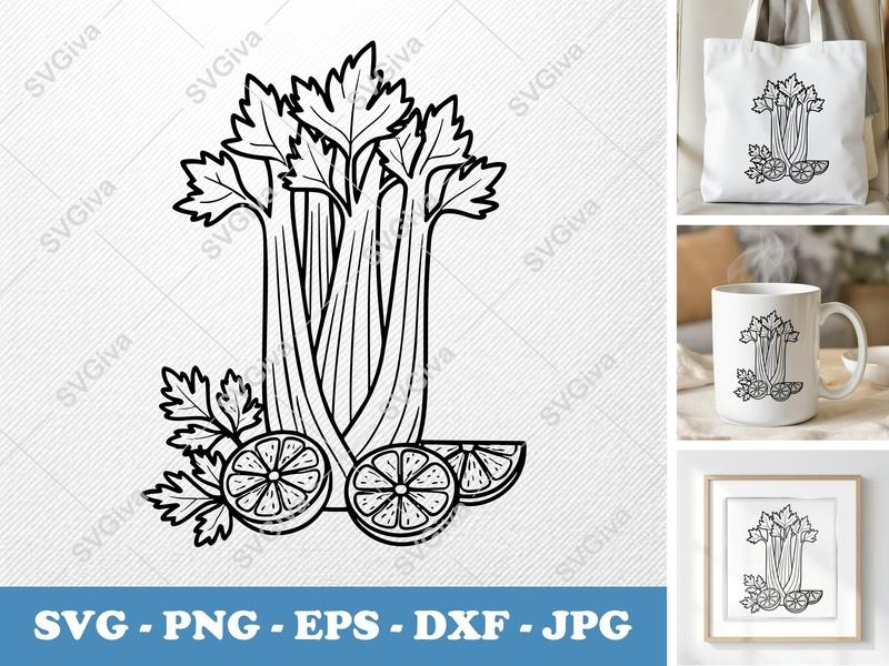 Celery SVG Clipart with Orange Slices | Modern Line Art Cut File | PNG EPS DXF for Cricut Silhouette
