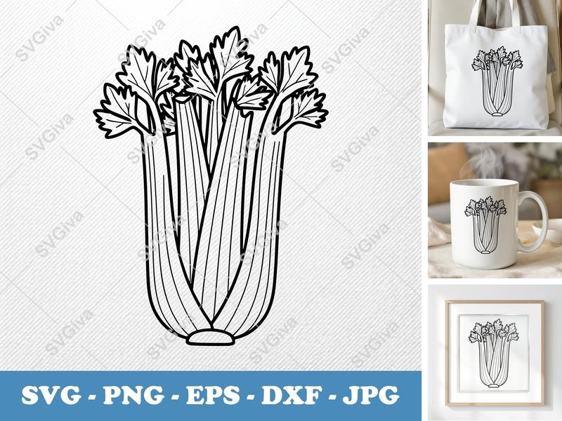Celery SVG | Double-Outline Minimalist Design | Thick Contour, Thin Lines | PNG DXF EPS | Cricut Silhouette Kitchen Decor