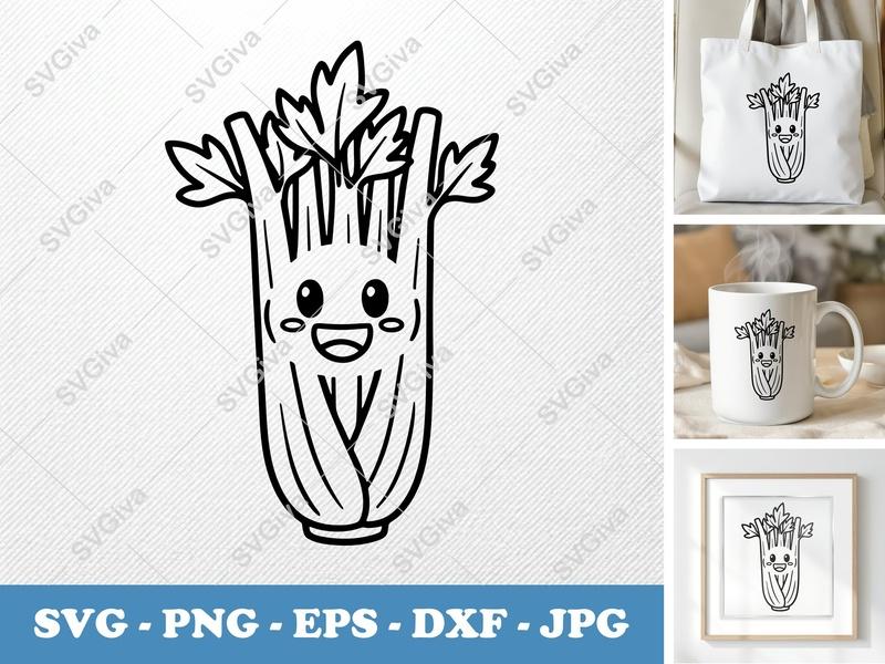 Celery SVG, Kawaii Vegetable Cut File, Cute Food Clipart | PNG EPS DXF for Cricut Silhouette, Outline Vector Design