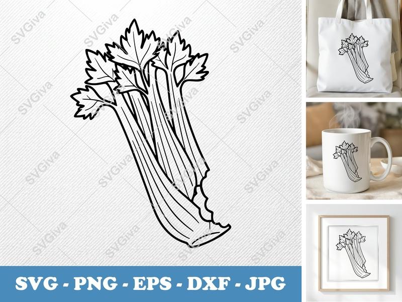 Celery SVG, Modern Clean Vegetable Clipart, Food Outline PNG EPS DXF for Cricut & Silhouette, Kitchen Decor, Healthy Snack
