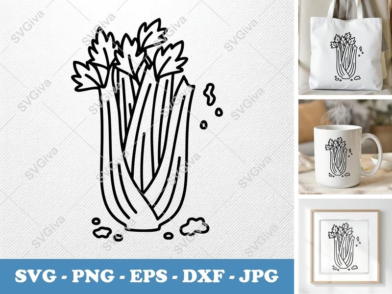 Celery SVG, Outline Clipart, Vegetable Cut File, Modern Farmhouse Design PNG EPS DXF for Cricut & Silhouette