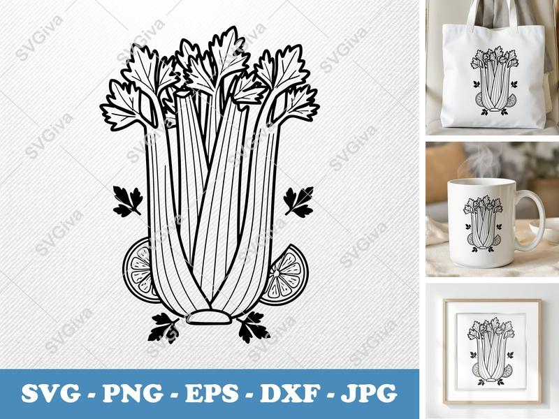 Celery with Garnish SVG | Double-Outline Minimalist Design | Thick Outer Contour | Clean Space | PNG DXF EPS | Cricut Silhouette File