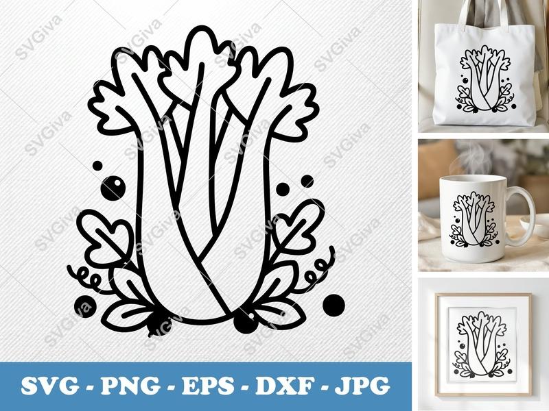 Celery with Garnish SVG | Friendly, Rounded Bean-Shaped Forms | PNG DXF EPS | Cricut Silhouette Cut File