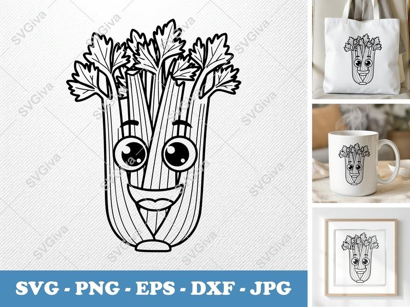 Celery with Smiling Face SVG | Double-Outline Cartoon | PNG, DXF, EPS | Cricut, Silhouette Cut File