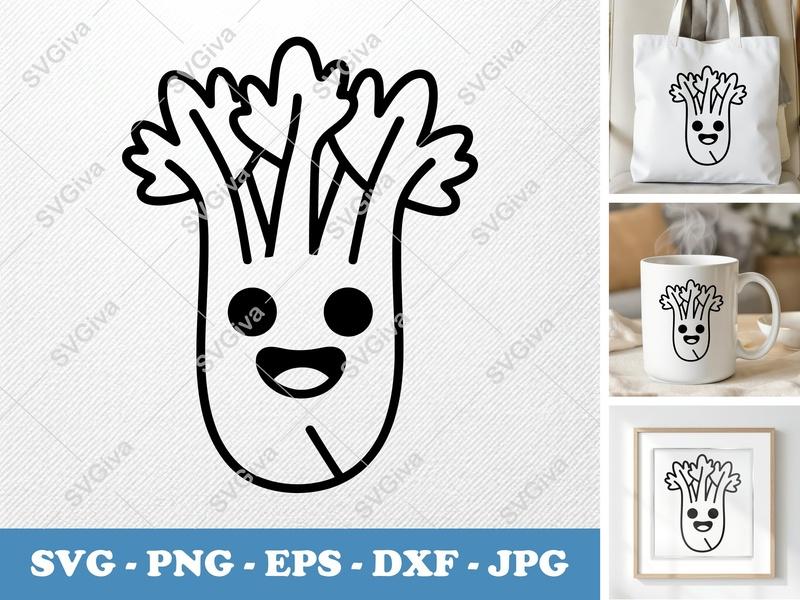Celery with Smiling Face SVG | Friendly Bean-Shaped Design | PNG DXF EPS | Cricut Silhouette File