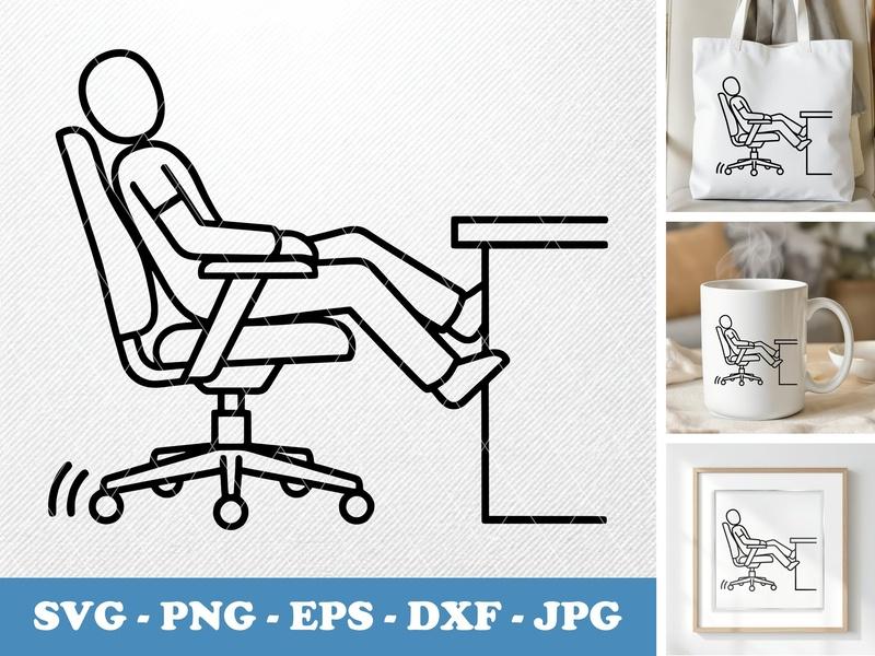 Chair in active use SVG | Person Leaning Back, Feet on Desk | Double Outline Icon, Outline Clipart | PNG EPS DXF for Cricut, Silho...