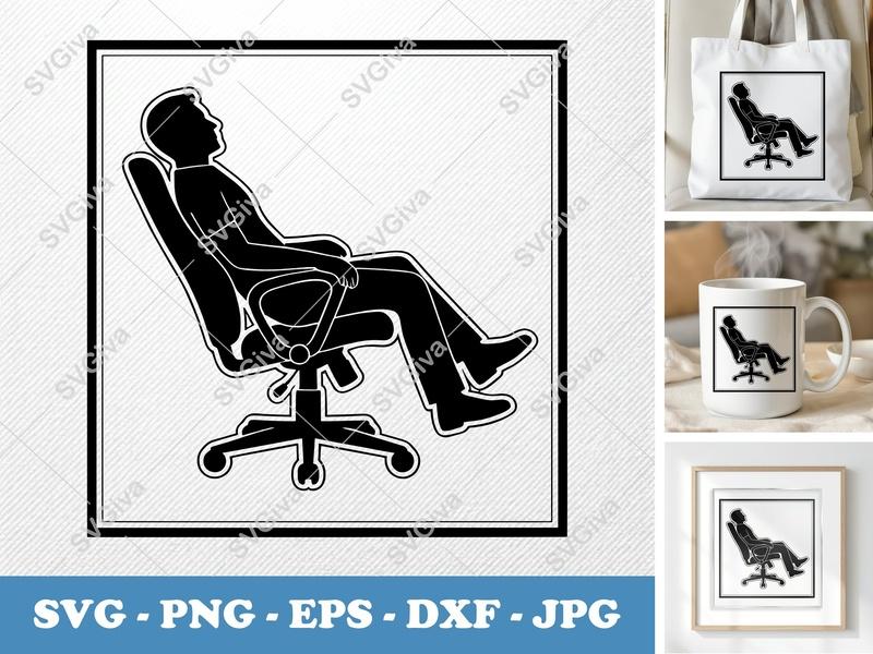 Chair SVG, Relaxing Man Silhouette, Modern Desk Chair PNG EPS DXF for Cricut & Silhouette, Workspace Clip Art