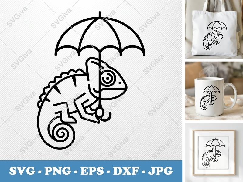 Chameleon Holding Umbrella SVG | Double-Outline Minimalist Design | PNG DXF EPS | Cricut Silhouette Cut File