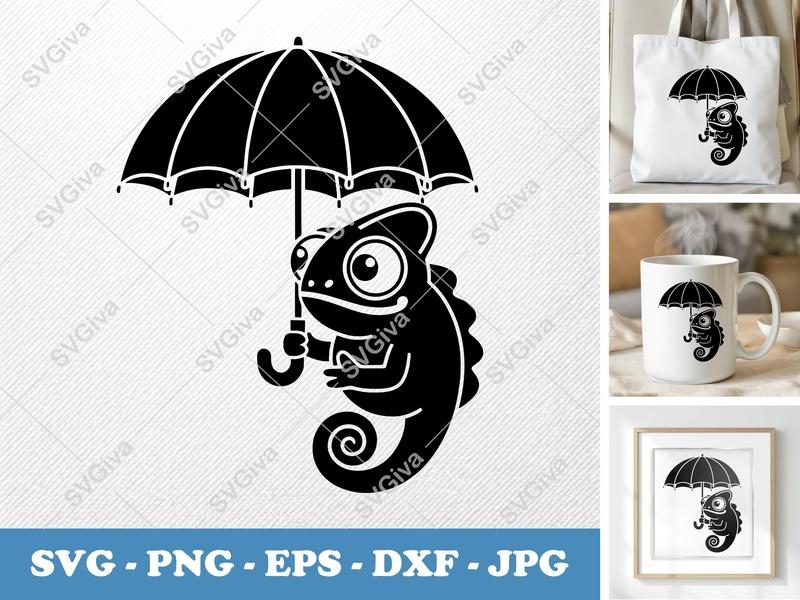 Chameleon holding umbrella SVG, Puffy Pillow-Soft Shapes | PNG DXF EPS | Cricut Silhouette File