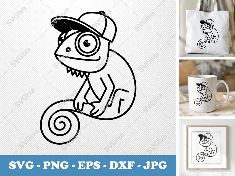 Chameleon in a Cap SVG | Bold Minimalist Character | PNG DXF EPS | Cricut Silhouette Cut File