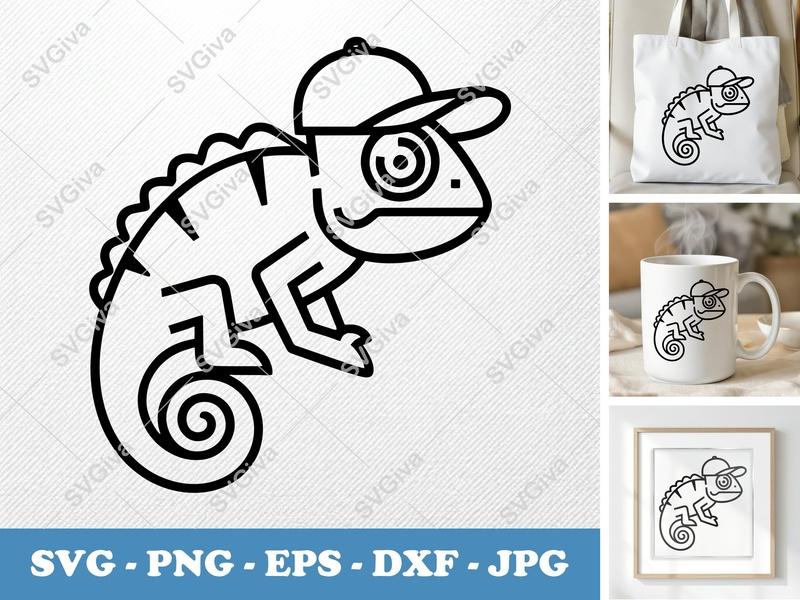 Chameleon in a Cap SVG | Double-Outline Minimalist Cut File | Thick Contour Thin Lines | SVG PNG DXF EPS for Cricut Silhouette