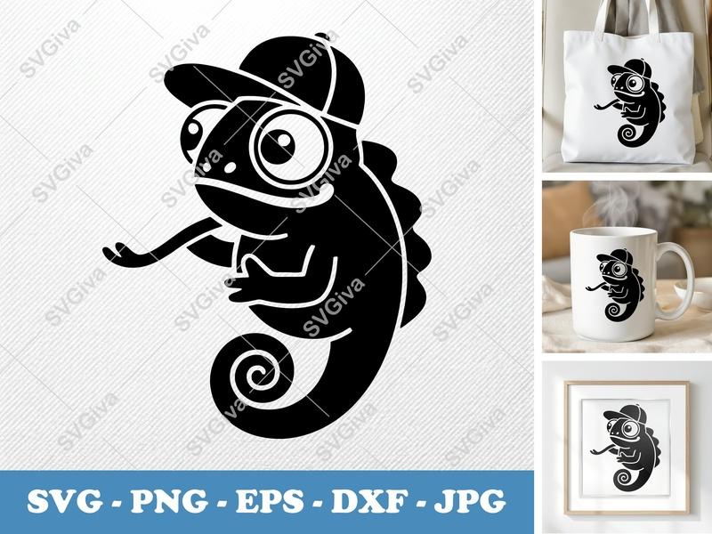 Chameleon in a Cap SVG | Puffy Soft Forms | PNG DXF EPS | Cricut Silhouette Cut File