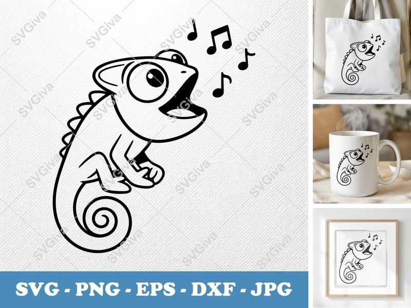 Chameleon Singing SVG | Bold Contour Minimalist Cut File | PNG DXF EPS | Cricut Silhouette Design