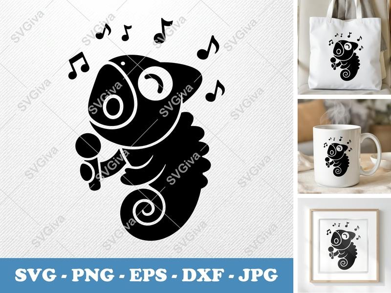 Chameleon Singing SVG | Cute Animal Music PNG DXF EPS Cricut Silhouette File
