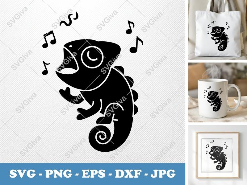 Chameleon Singing SVG | Inflated Puffy Shapes Cut File | PNG DXF EPS | Cricut Silhouette Design