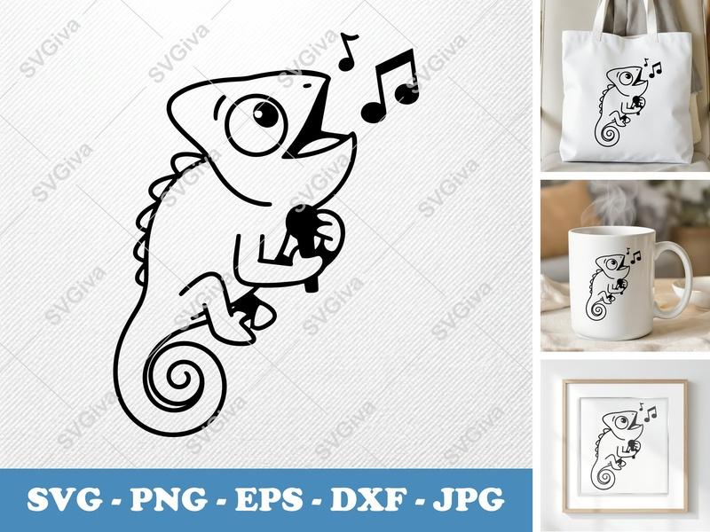 Chameleon Singing SVG | Microphone Music Notes | Modern Clean Design | PNG EPS DXF | Cricut Silhouette File