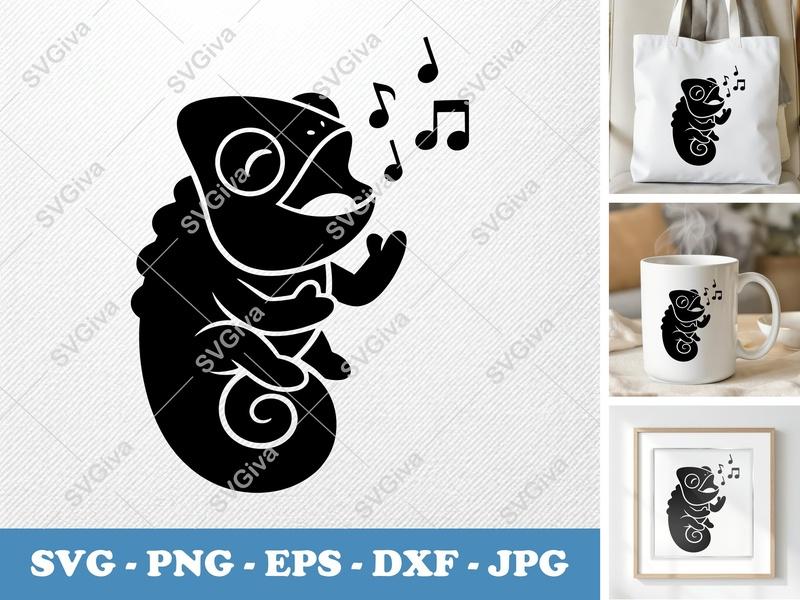 Chameleon Singing SVG | Music Notes Cut File for Cricut, Silhouette | PNG EPS DXF | Cartoon Animal Vector