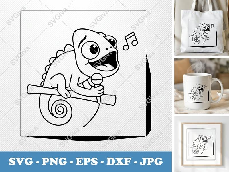 Chameleon Singing SVG PNG DXF EPS | Music Cut File for Cricut Silhouette | Animal Vector Art