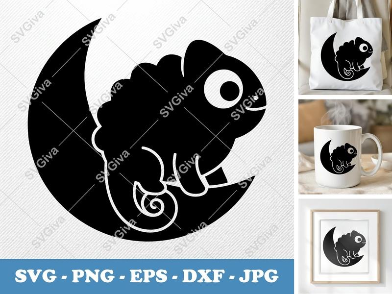 Chameleon Sitting on a Moon SVG PNG DXF EPS | Cricut Silhouette Cut File Vector Art
