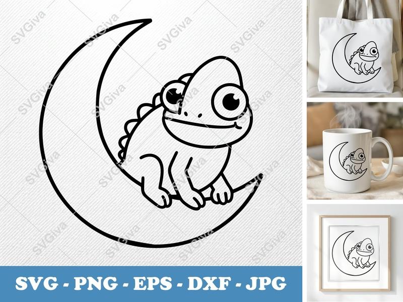 Chameleon Sitting on Moon SVG | Friendly Rounded Cartoon Style | PNG DXF EPS | Cricut Silhouette Cut File