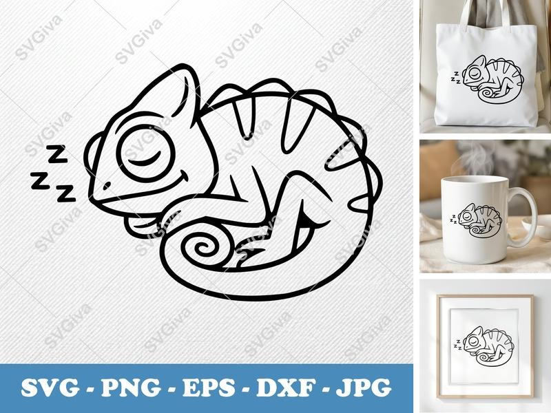 Chameleon Sleeping SVG | Cute Animal Clipart PNG EPS DXF | Modern Outline Design for Cricut, Silhouette