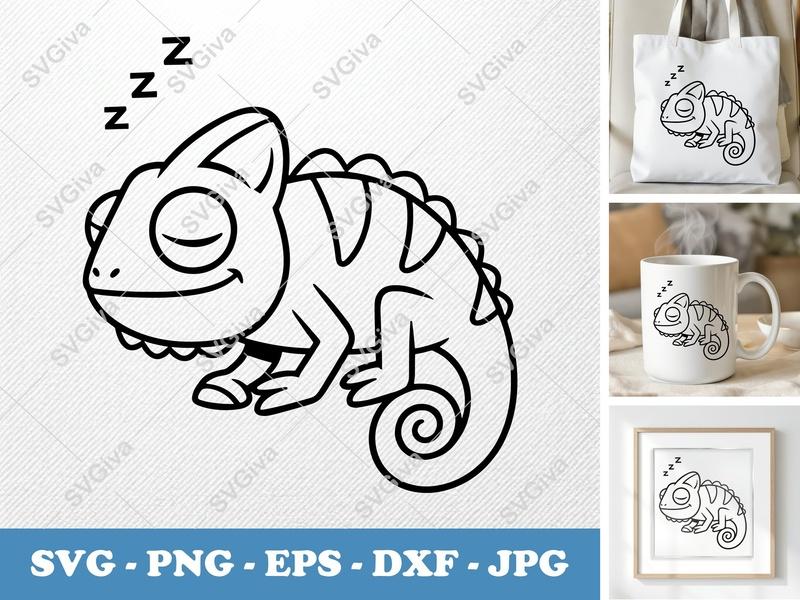 Chameleon Sleeping SVG | Cute Cartoon Lizard PNG, EPS, DXF | Cricut Silhouette Cut File, Reptile Design