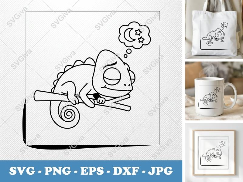 Chameleon Sleeping SVG | Cute Lizard Dream PNG DXF EPS Cricut Silhouette File
