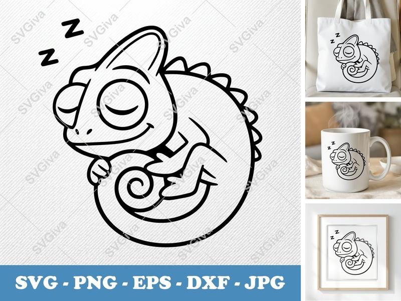 Chameleon Sleeping SVG | Cute Lizard Napping Cut File | PNG EPS DXF for Cricut & Silhouette | Animal Vector Art