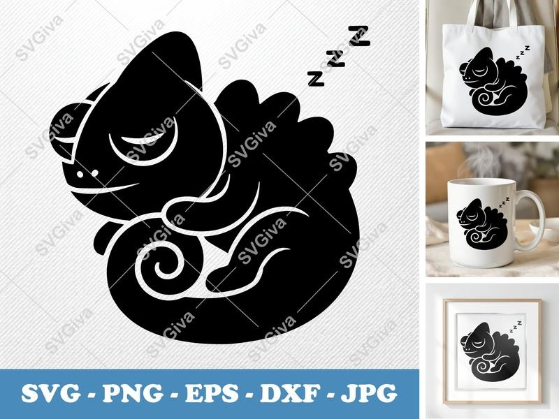 Chameleon Sleeping SVG PNG DXF EPS | Cute Animal Cut File for Cricut Silhouette
