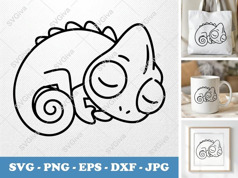 Chameleon Sleeping SVG PNG DXF EPS | Cute Reptile Cut File Cricut Silhouette Vector Art