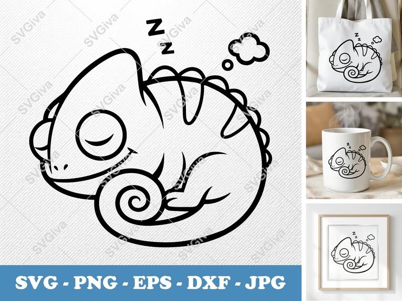 Chameleon Sleeping SVG | Puffy Cartoon Design, No Sharp Corners | PNG DXF EPS | Cricut Silhouette File