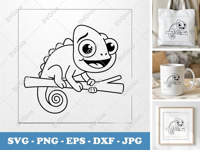 Chameleon Smiling Happily SVG PNG DXF EPS | Cute Lizard Cut File Cricut Silhouette Vector Art