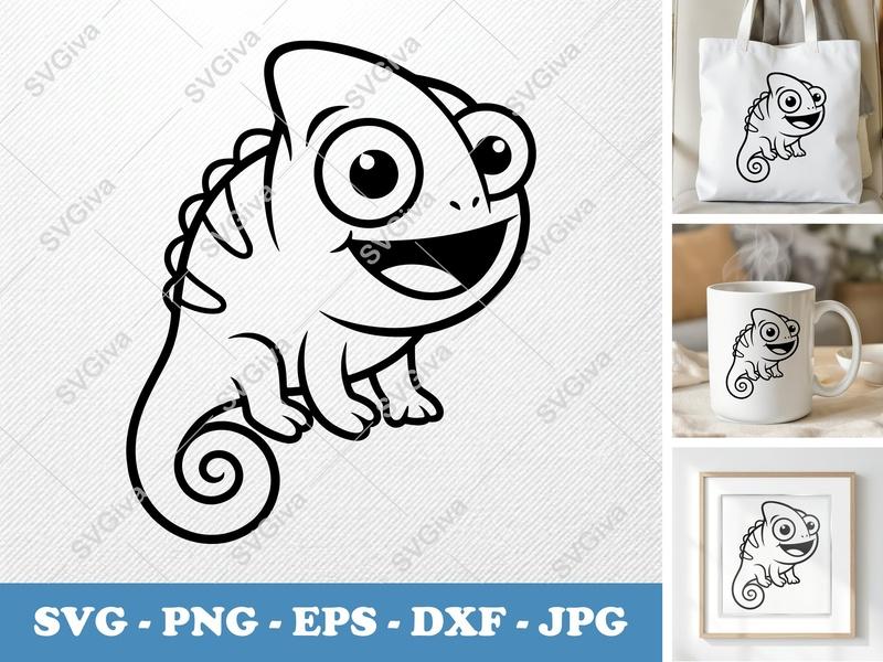 Chameleon Smiling Happily SVG | Puffy Soft Shapes PNG DXF EPS | Cricut Silhouette Cut File