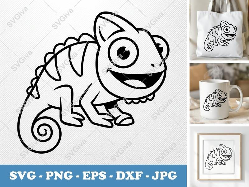 Chameleon SVG | Cartoon Cute Lizard Cut File | Modern Animal Design | PNG EPS DXF for Cricut Silhouette