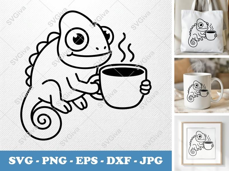 Chameleon SVG | Coffee Drinker Cut File | Modern Cartoon Animal | PNG EPS DXF for Cricut & Silhouette | Reptile Mug Design