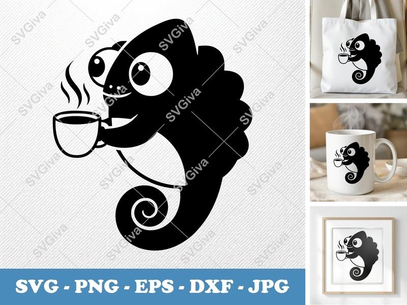 Chameleon SVG | Coffee Lover Cut File | Cute Lizard PNG EPS DXF for Cricut & Silhouette | Modern Reptile Design